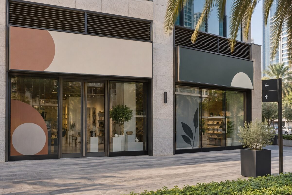 franchise signage: ai-generated concept of coordinated dubai retail storefront signage; no client project shown