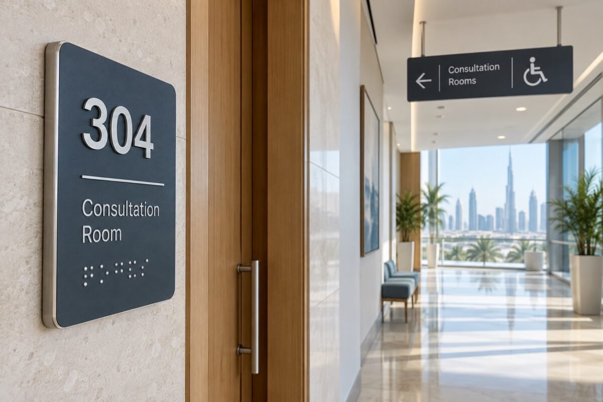 accessibility and braille room sign with tactile characters in a modern dubai corridor