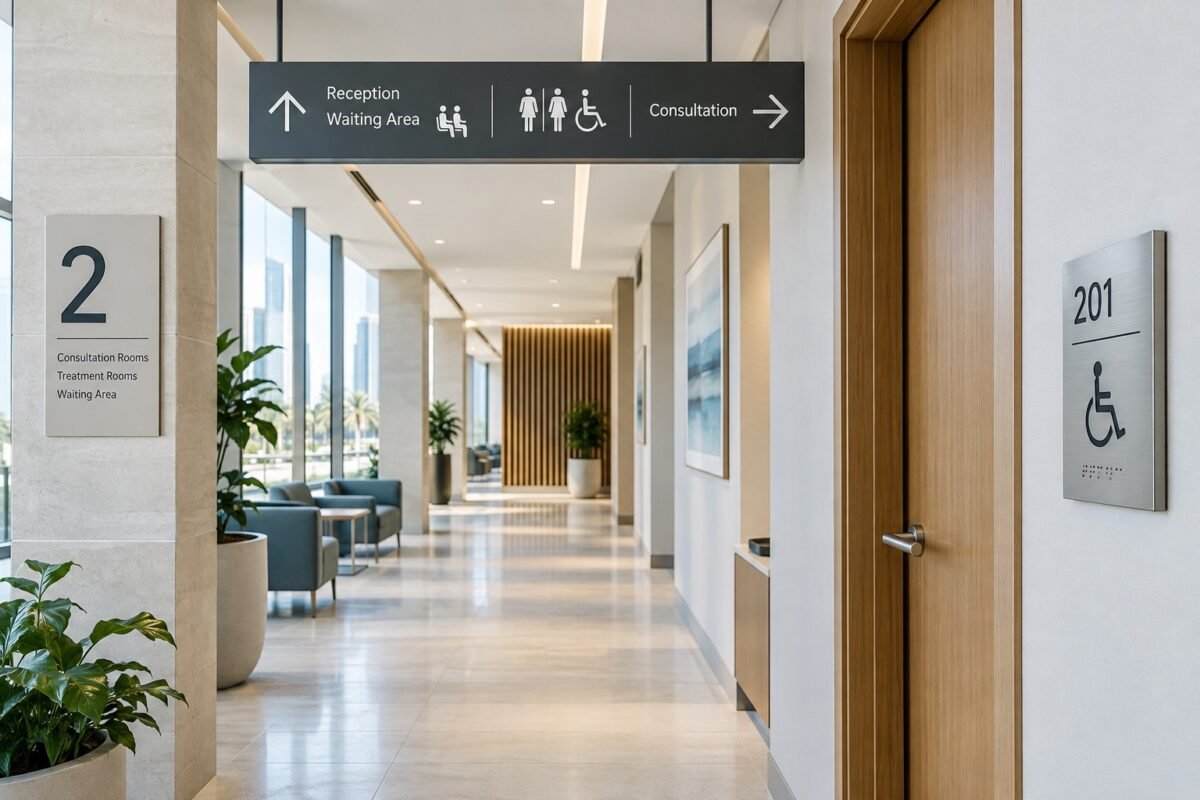 accessible directional, floor and tactile room signs in a dubai corridor