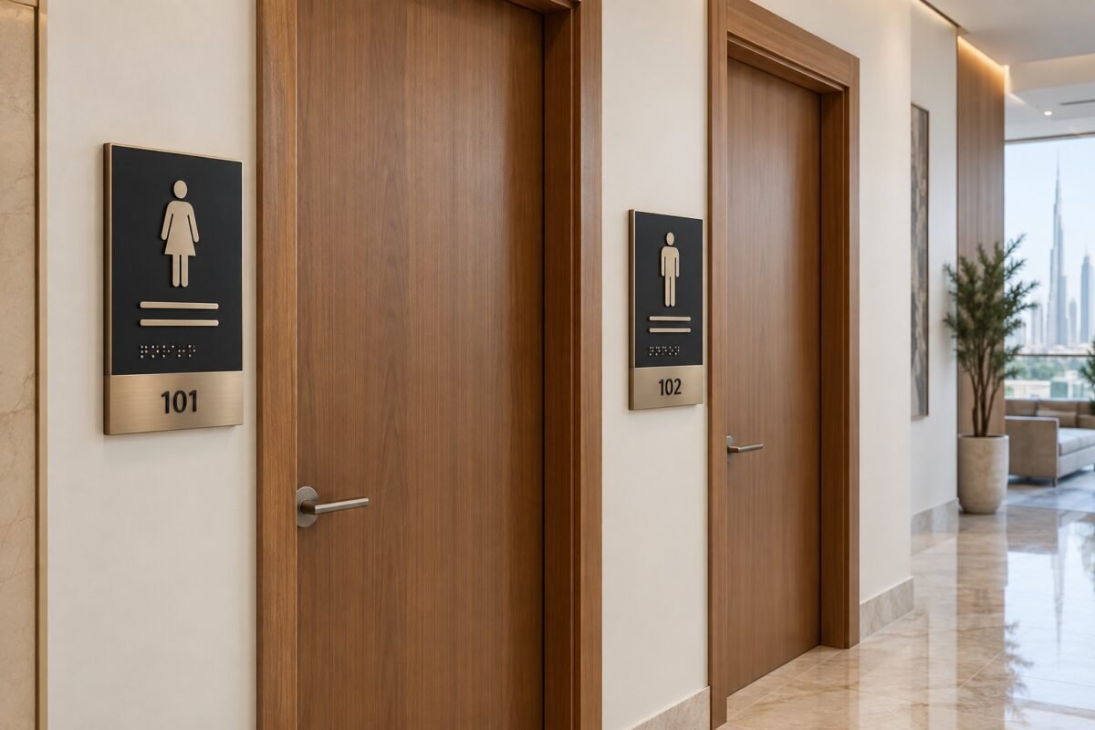 coordinated accessibility room signs beside modern interior doors