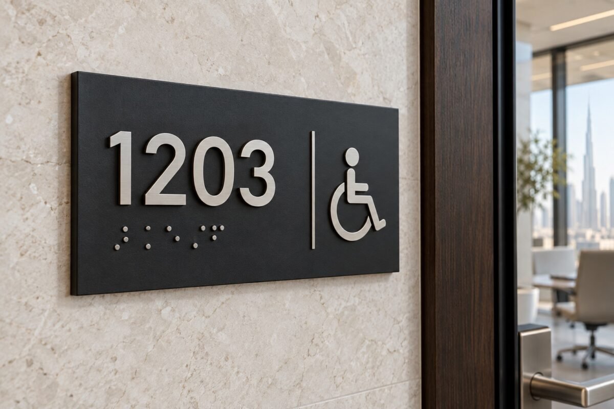 tactile room identification sign with raised numerals and braille-like dots in dubai