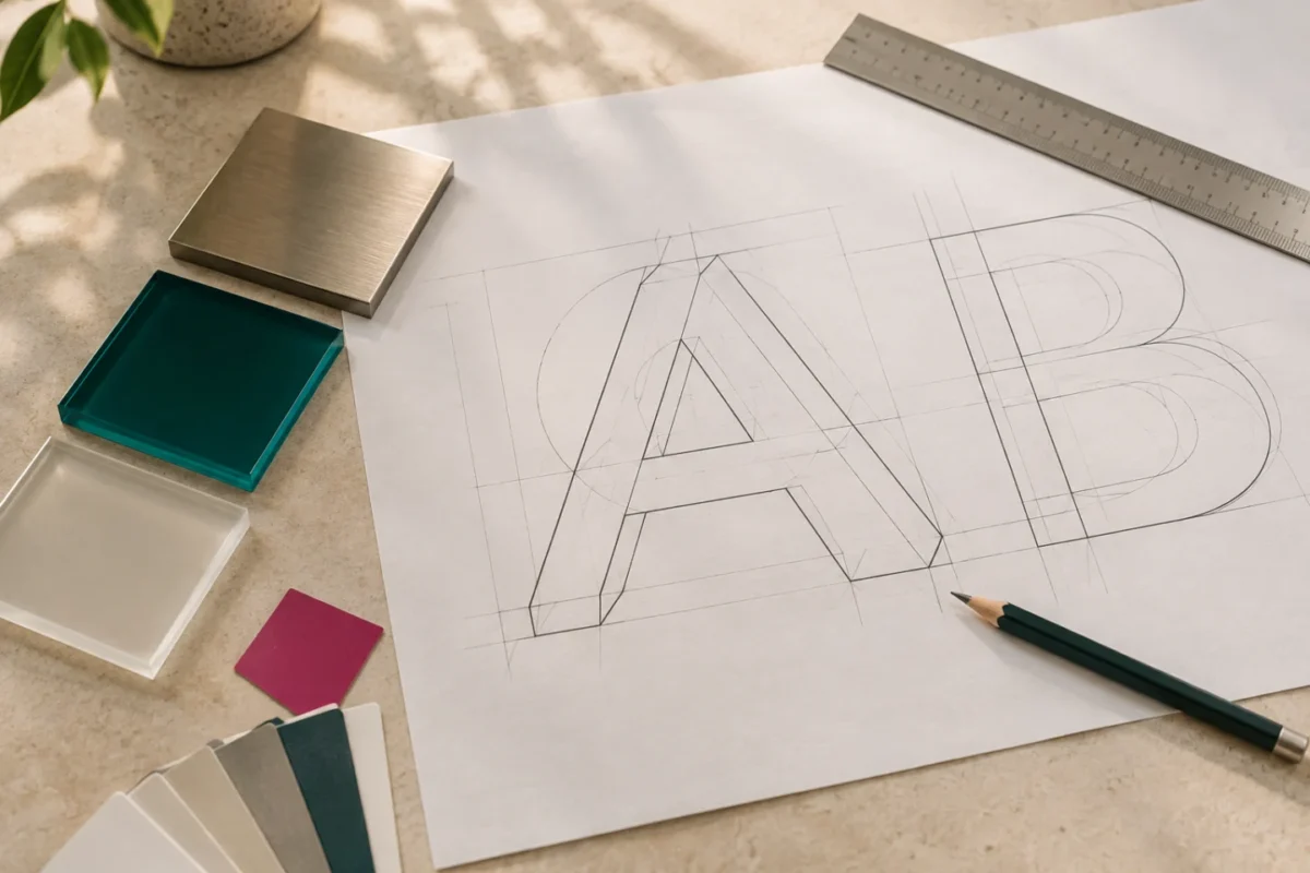 ai-generated signage design concept with letter drawings and physical material samples