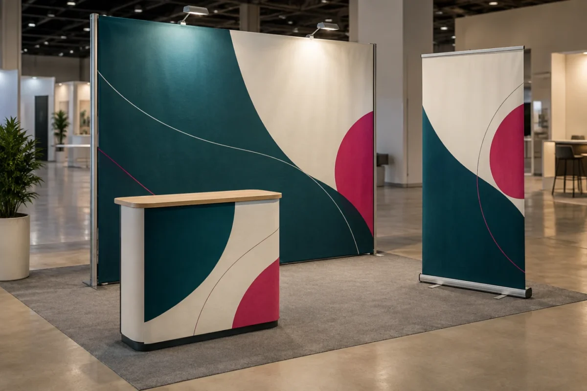 ai-generated concept of a fabric exhibition backdrop, counter and roll-up banner