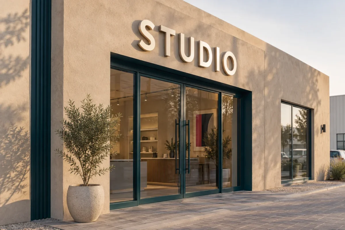 ai-generated storefront concept with dimensional studio lettering and teal entrance framing