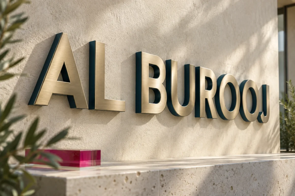 ai-generated concept of al burooj dimensional metal lettering on an ivory wall
