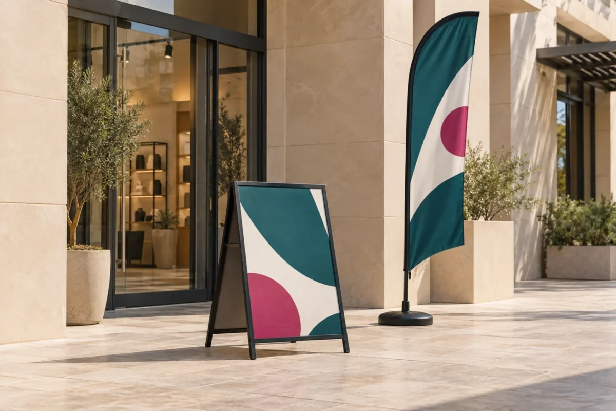 ai-generated concept of an a-frame pavement sign and matching outdoor flag