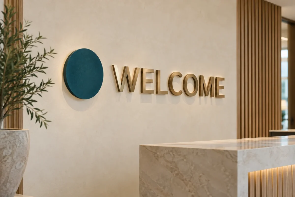 ai-generated reception sign concept with brushed-metal welcome letters