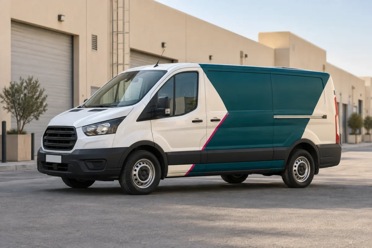 ai-generated concept of a commercial van with teal, ivory and magenta graphics