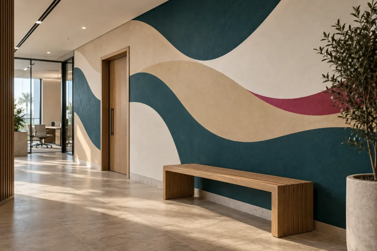 ai-generated commercial wall mural concept in teal, sand, ivory and magenta