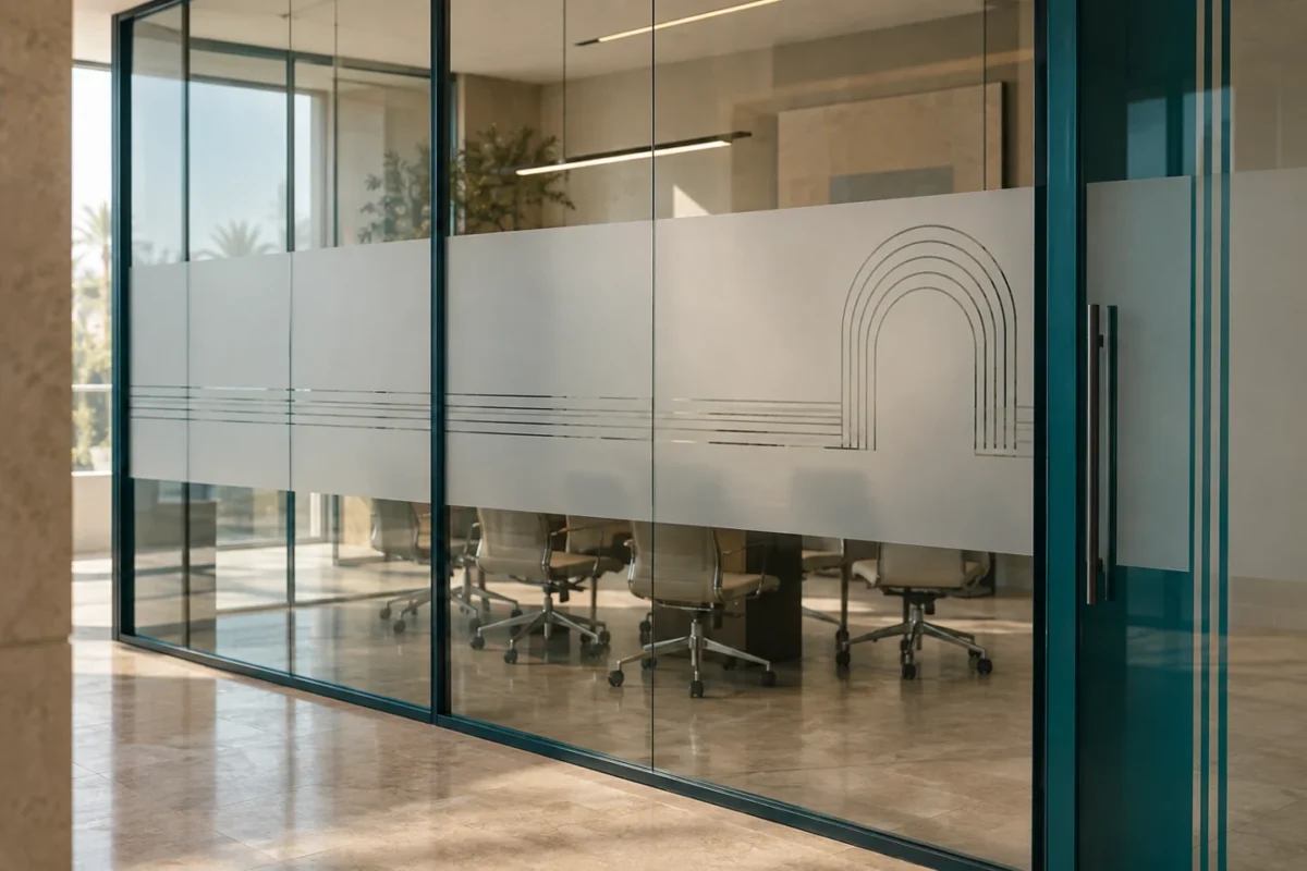 ai-generated office glass frosting concept with a cut arch pattern