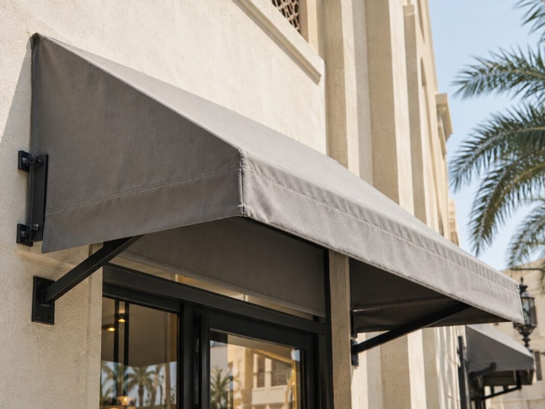 awning signs 4 illustrative close view of fabric awning seams, brackets and wall fixings