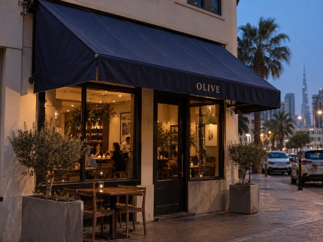 awning signs 5 illustrative navy olive restaurant awning at dusk on a dubai street