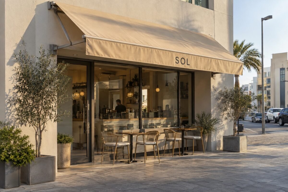 awning signs 1 illustrative sand-coloured fixed awning with sol lettering on a dubai cafe