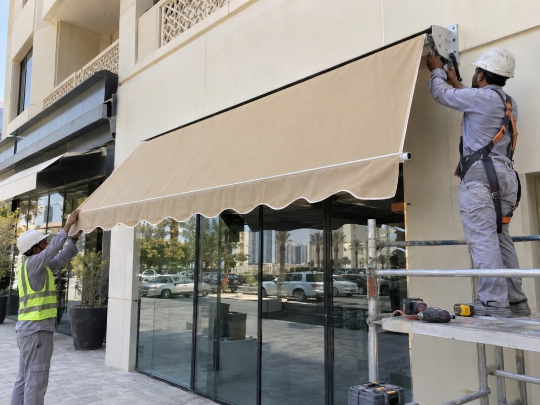 awning signs 6 illustrative installers fitting a plain fabric awning at a shopfront