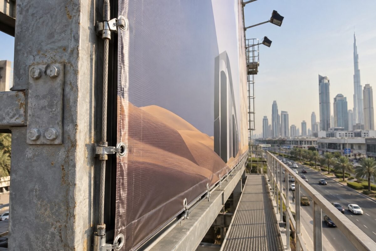 billboard signs 4 illustrative printed billboard face and tensioning hardware on an existing frame