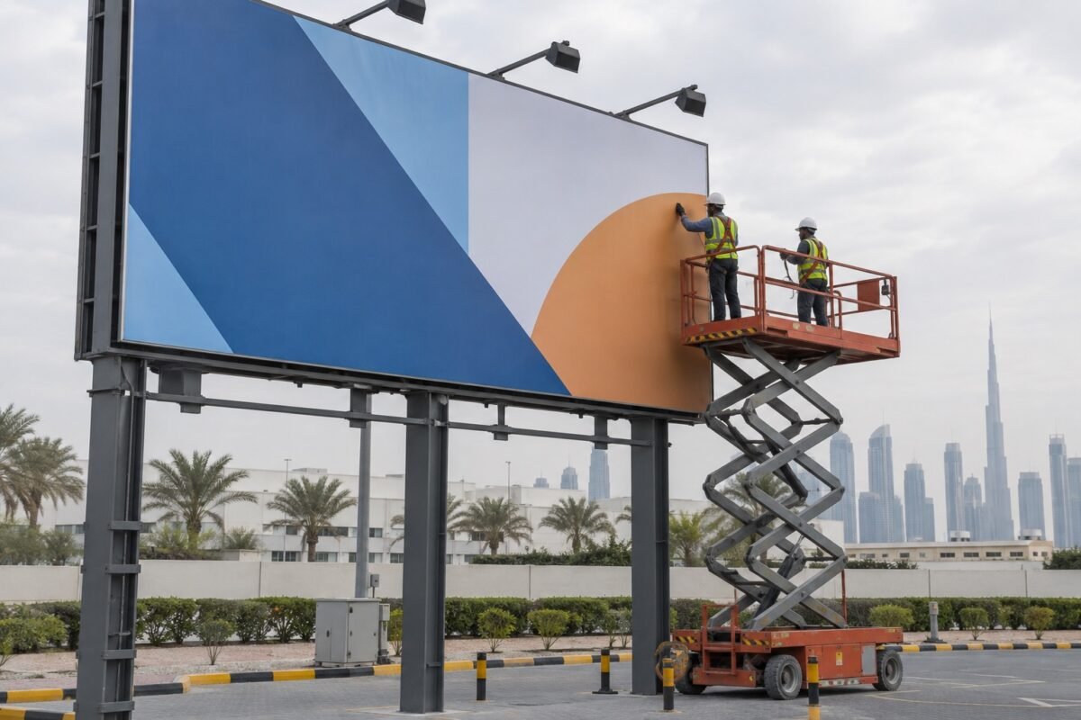 billboard signs 5 illustrative workers fitting a billboard face from a guarded lift platform