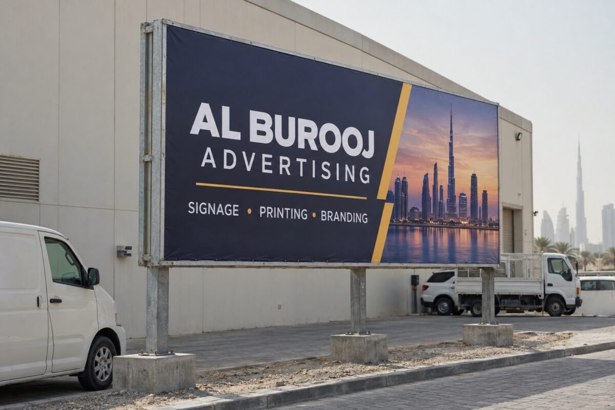 billboard signs 2 illustrative static billboard with al burooj sample artwork at a commercial property