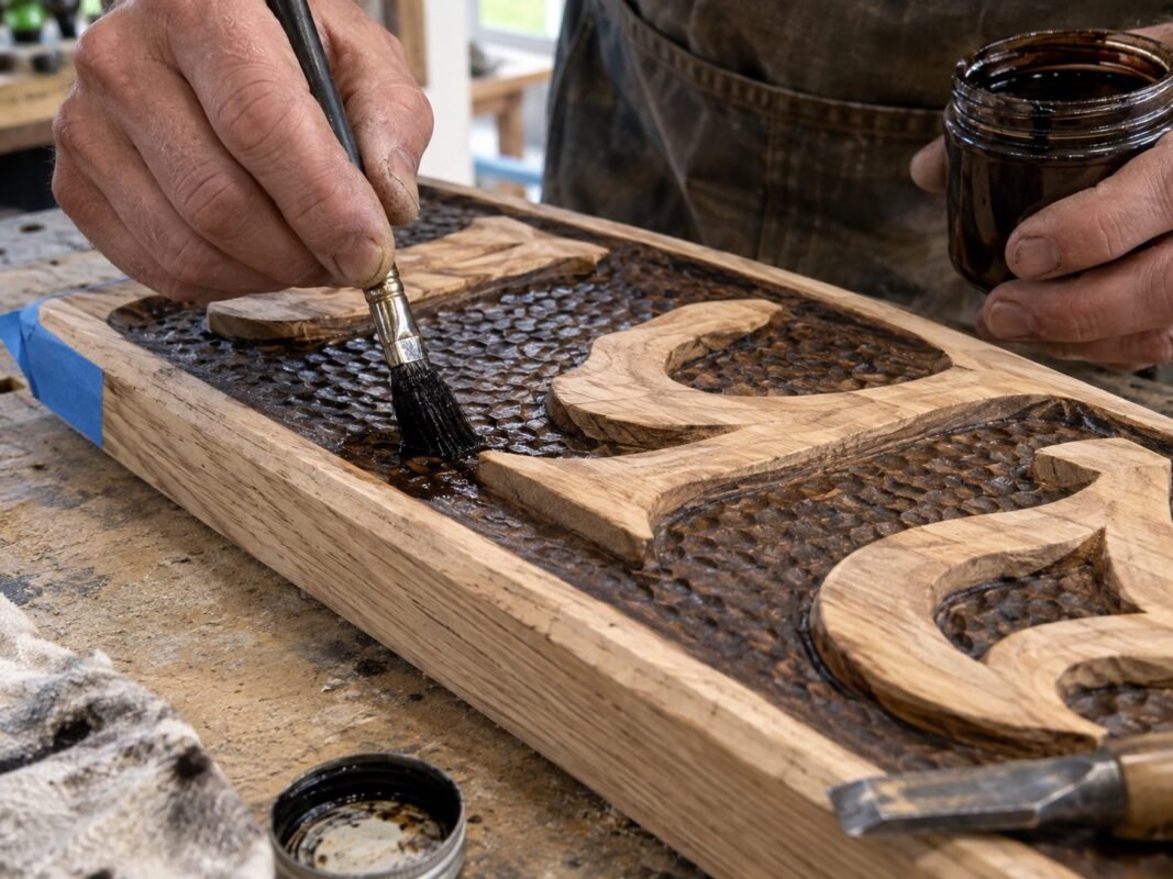 illustrative craftsperson applying finish to the recessed surface of a carved timber sign