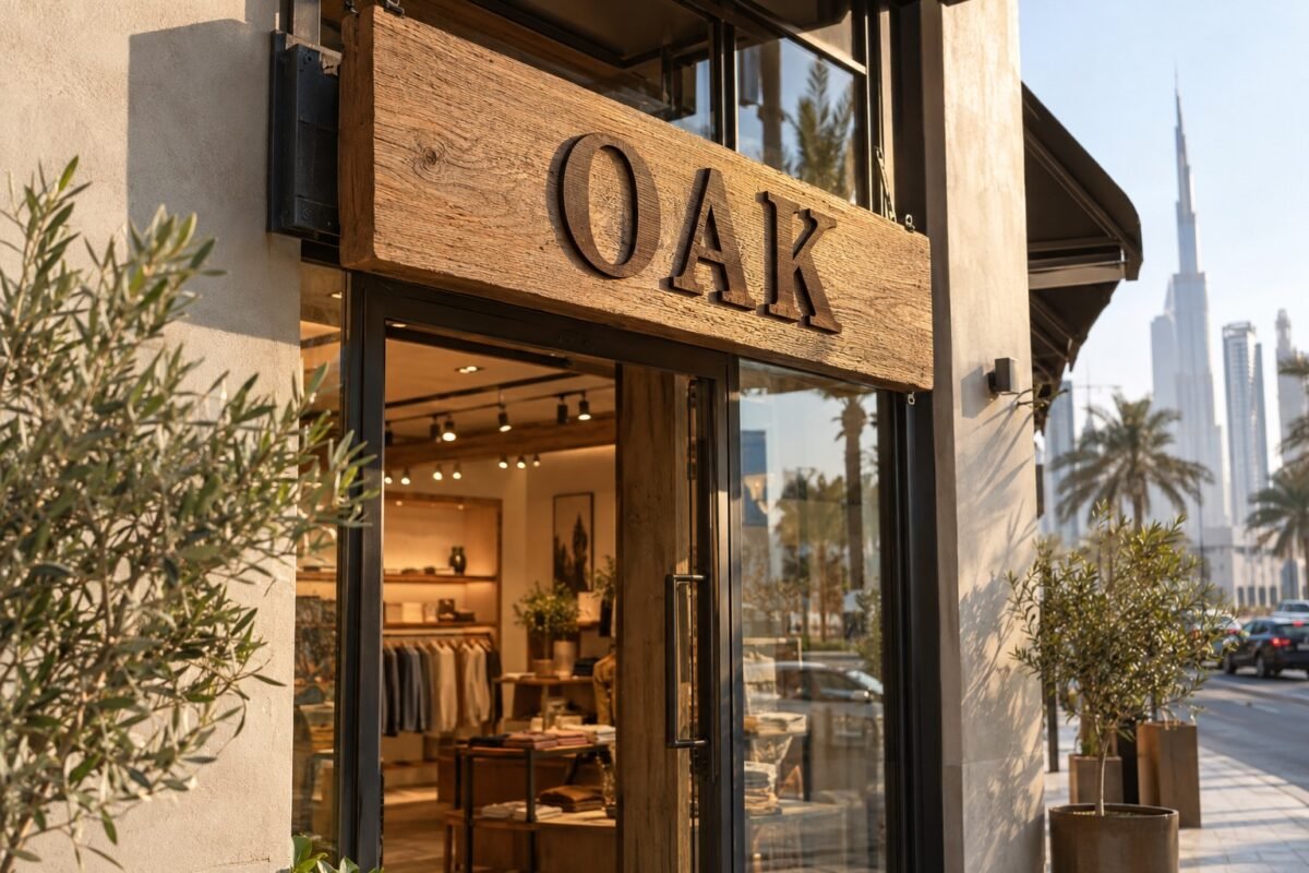 illustrative carved oak timber sign above a dubai boutique entrance