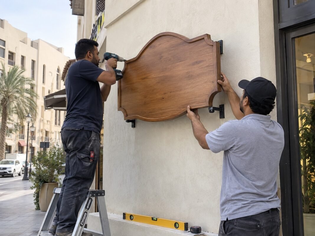 illustrative installers positioning a shaped timber sign on a shop wall