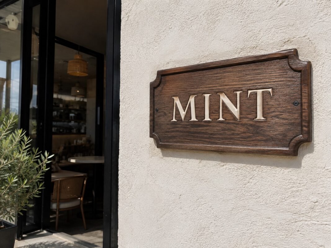 illustrative dark-stained mint carved wooden plaque outside a cafe