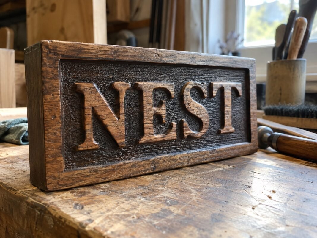 illustrative raised nest letters and recessed textured timber on a workbench