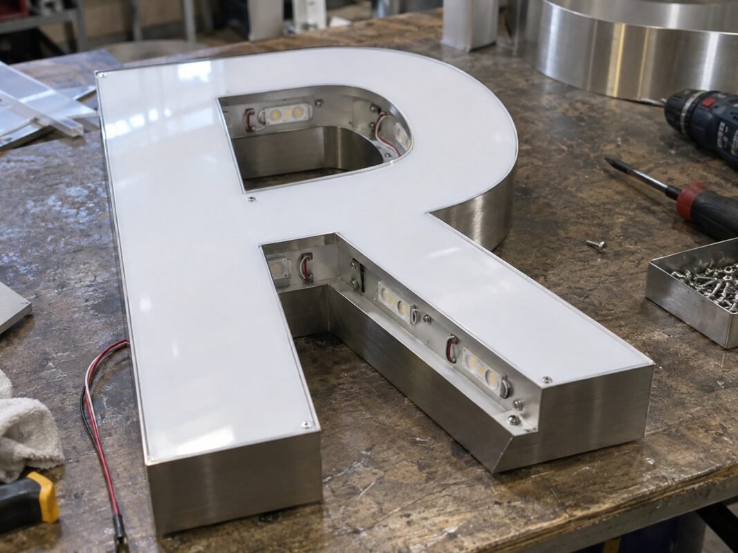 channel letter signs 2 workshop close-up of an acrylic and metal channel letter being assembled