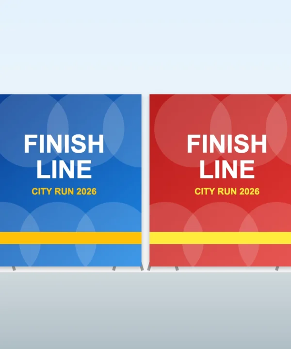 Branded crowd barrier covers at a race finish line