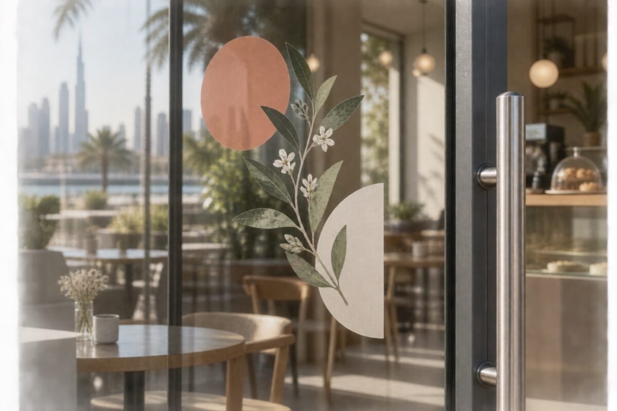illustrative clear printed botanical decal on a cafe glass door