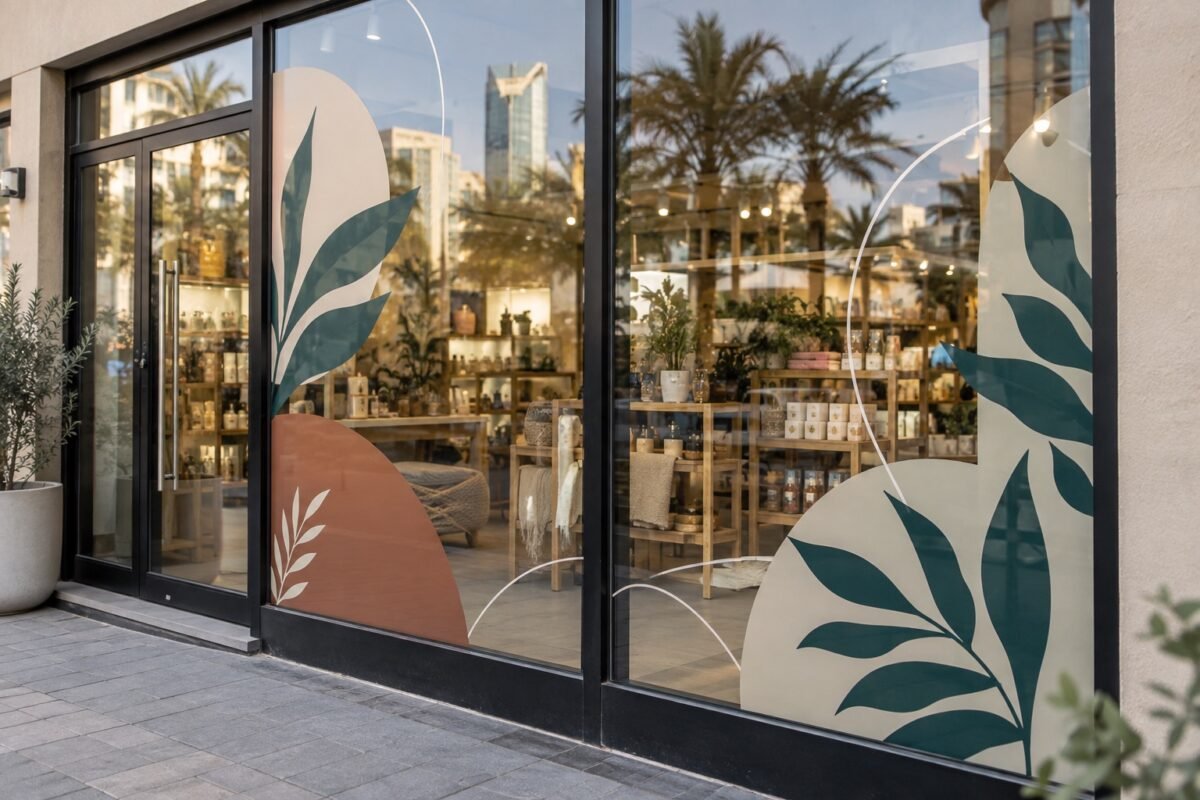 illustrative dubai storefront with printed botanical window decals across two panes