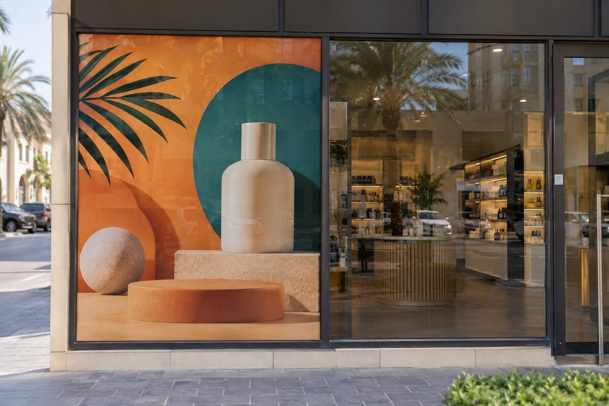 illustrative opaque printed promotional graphic on a shop window beside clear glass