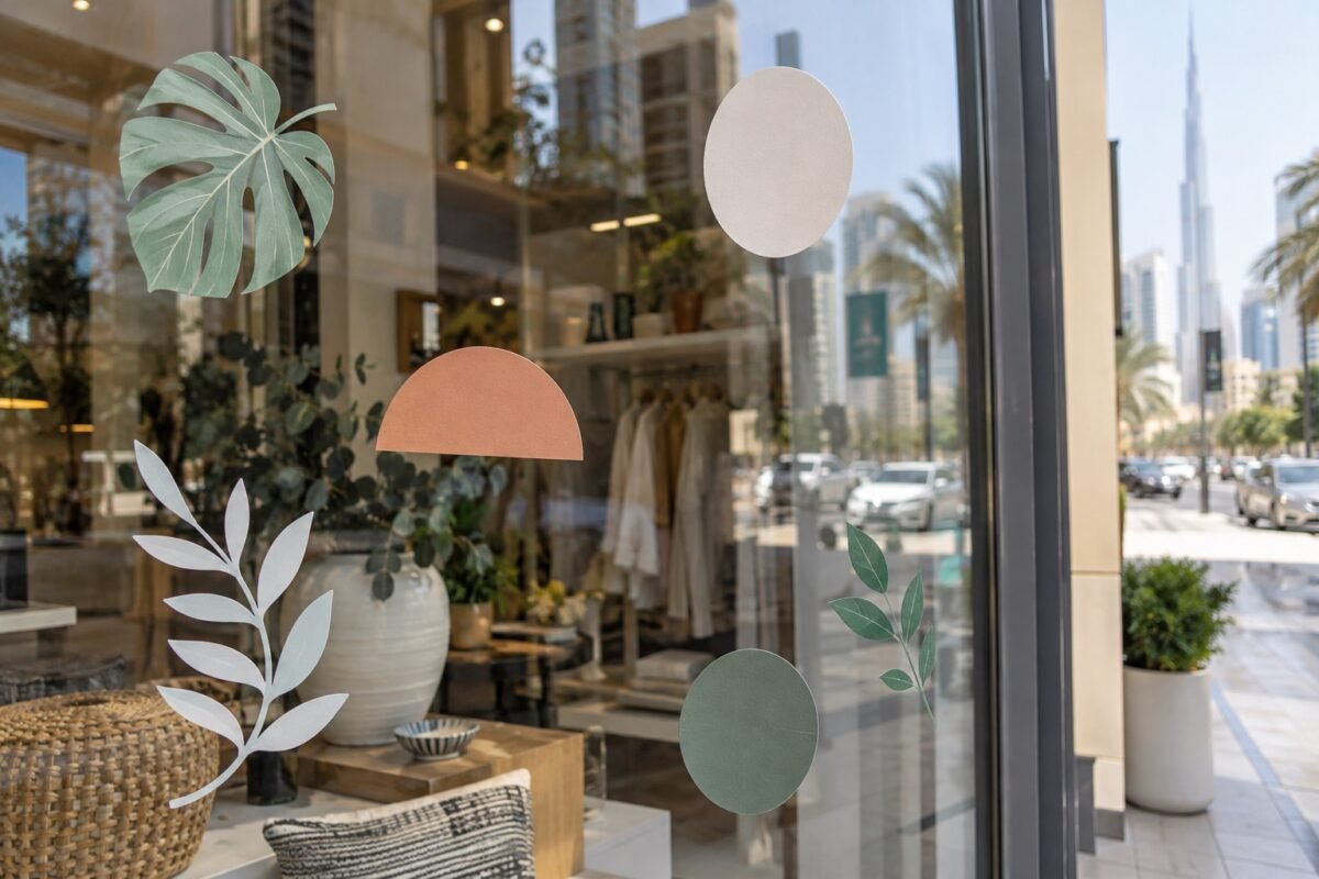 illustrative small leaf and geometric decals spaced across retail glass