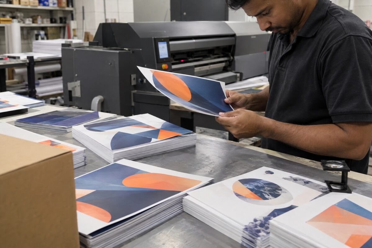 ai illustration of a print technician checking an unbranded brochure proof