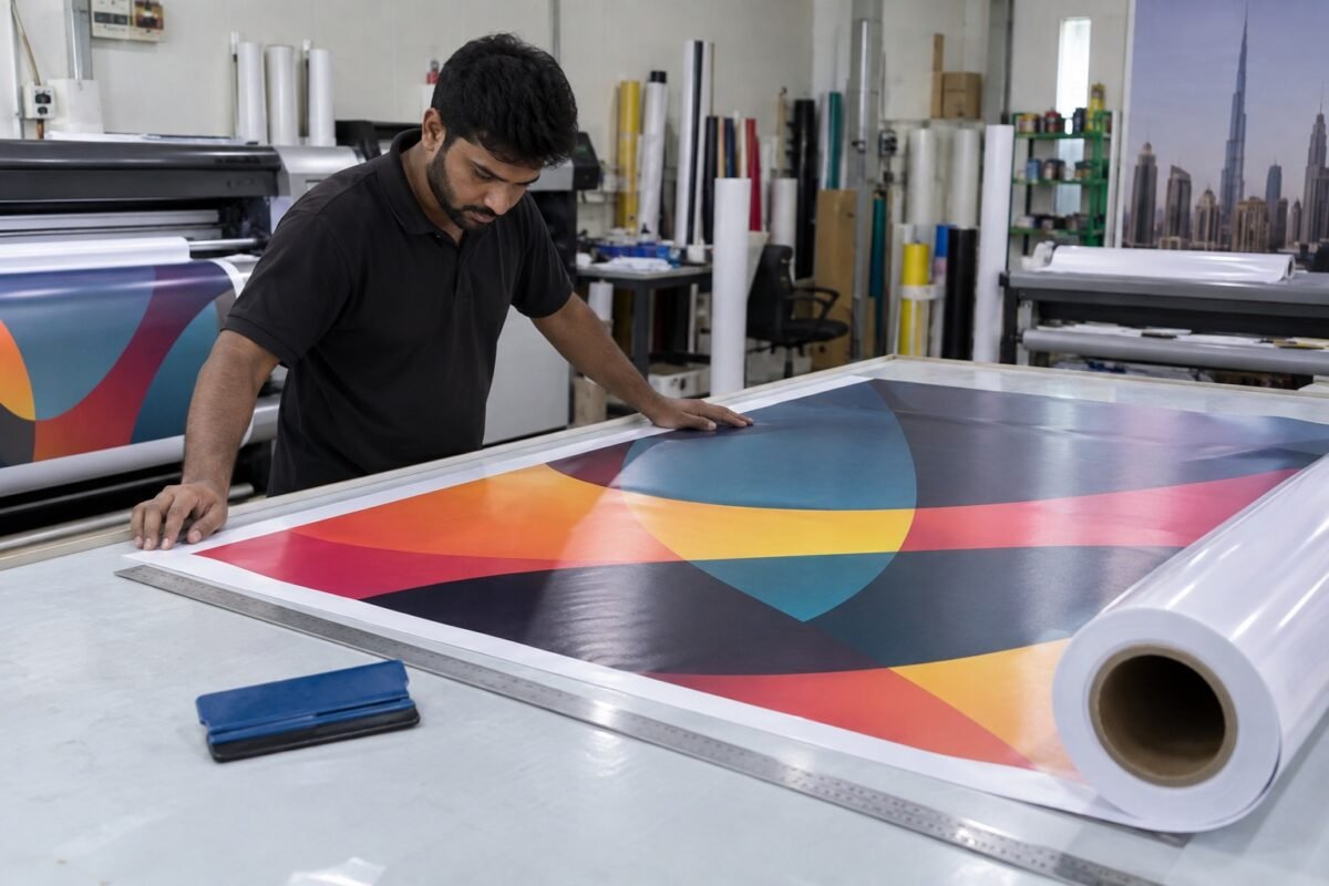 ai illustration of a large-format vinyl print being checked on a workshop table