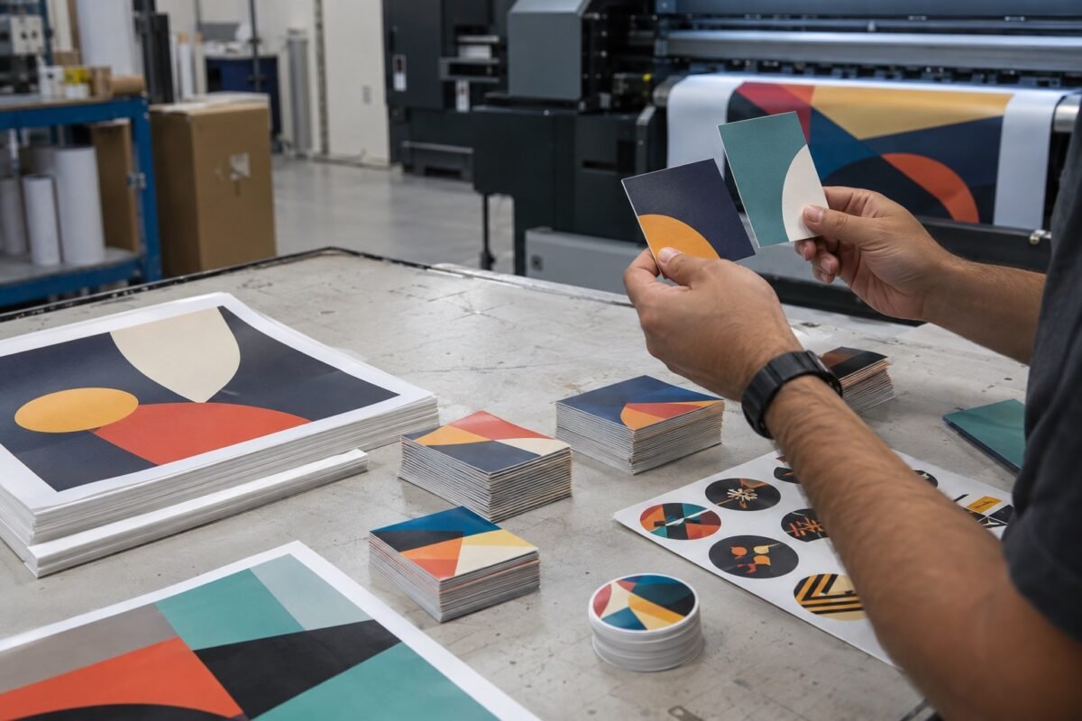 ai illustration of unbranded printed cards, stickers and poster samples