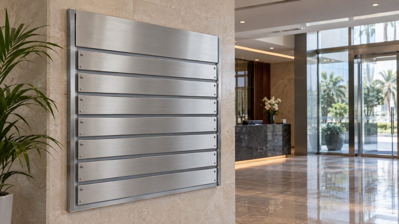 illustrative blank modular directory board in a commercial lobby