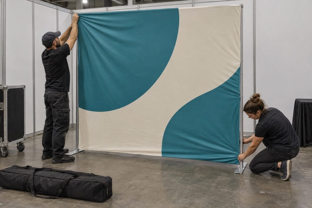 fabric walls & trade show displays 4 illustrative installers fitting a fabric graphic to an exhibition frame