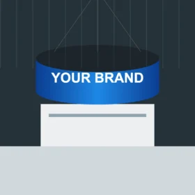 Circular hanging banner above a trade show stand