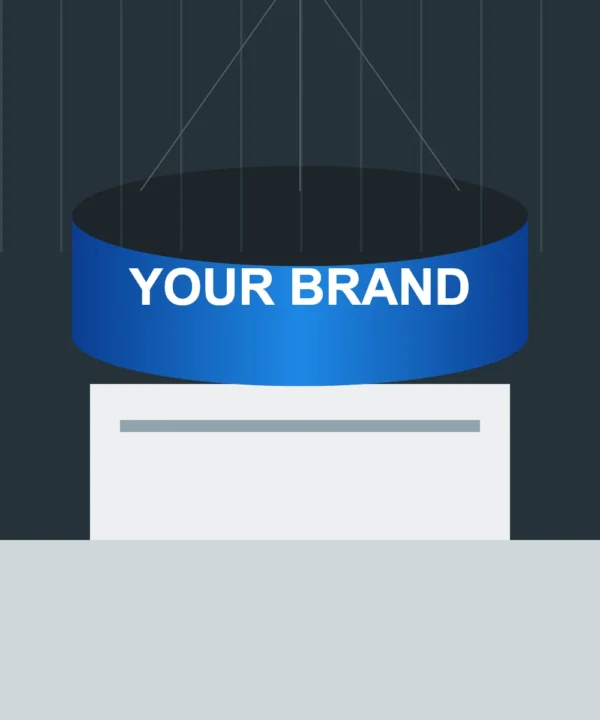 Circular hanging banner above a trade show stand