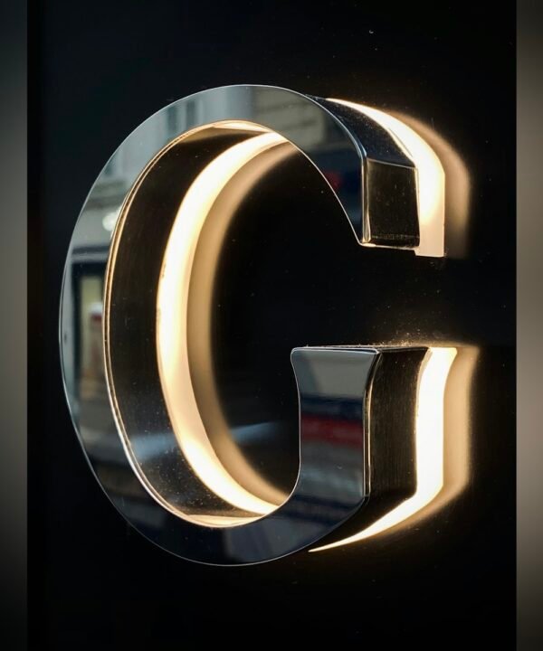 Polished metal channel letter with LED light