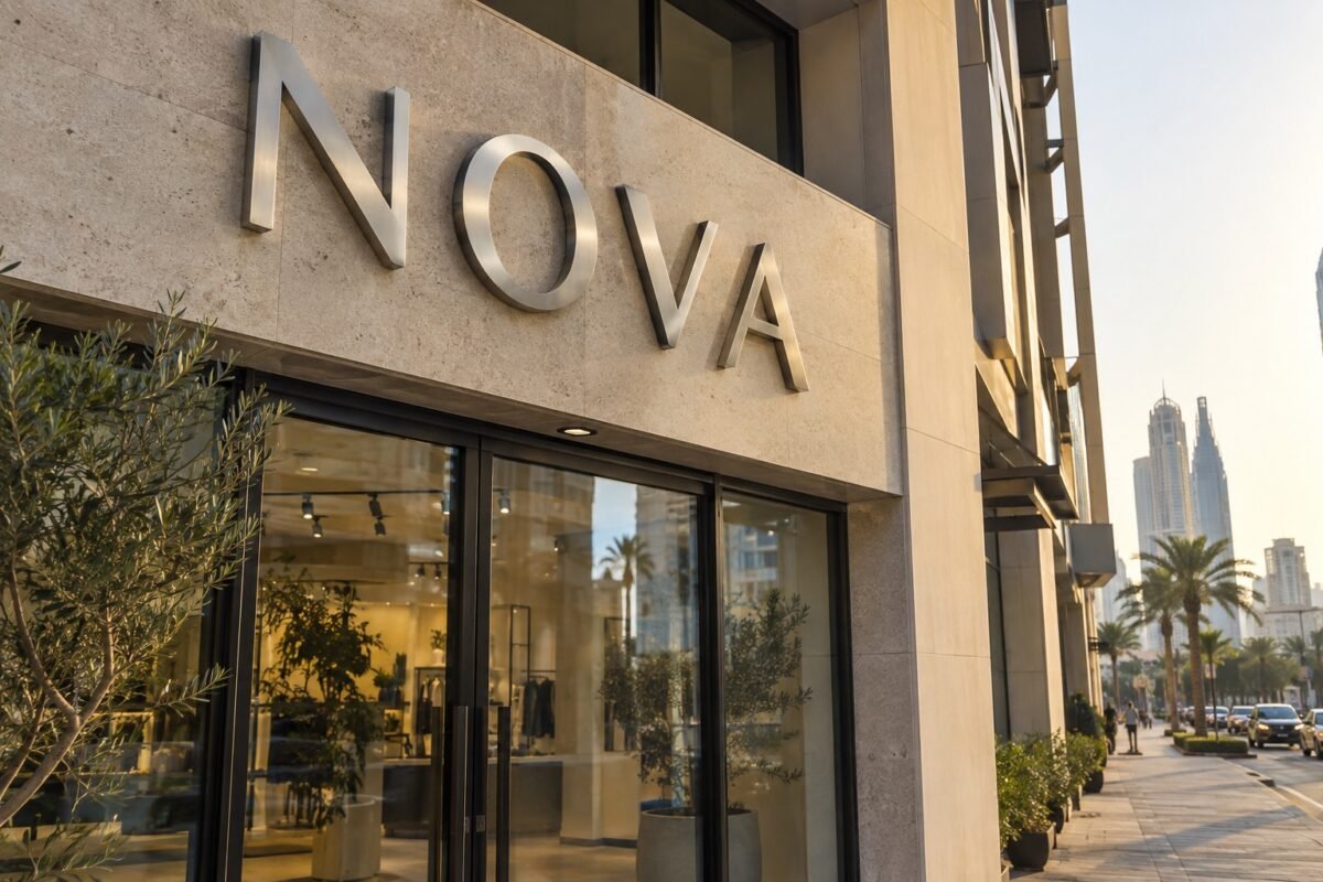 illustrative brushed-metal nova letters mounted on a dubai storefront fascia