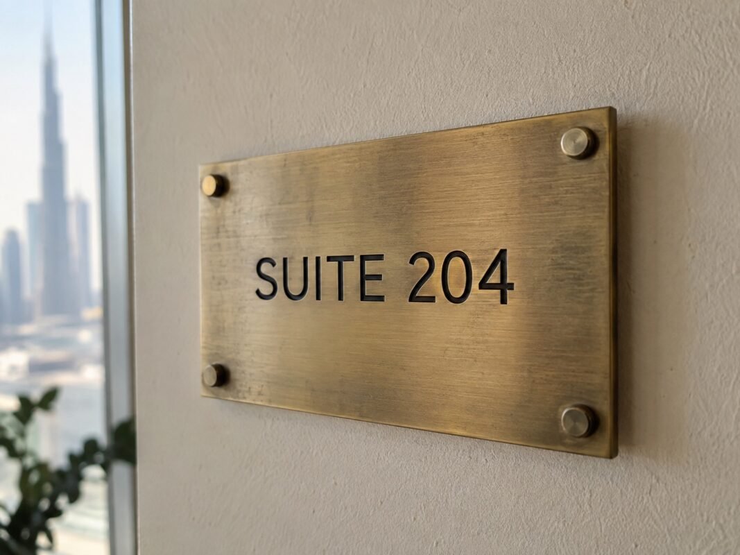illustrative brushed-brass suite 204 plaque with engraved lettering and standoffs