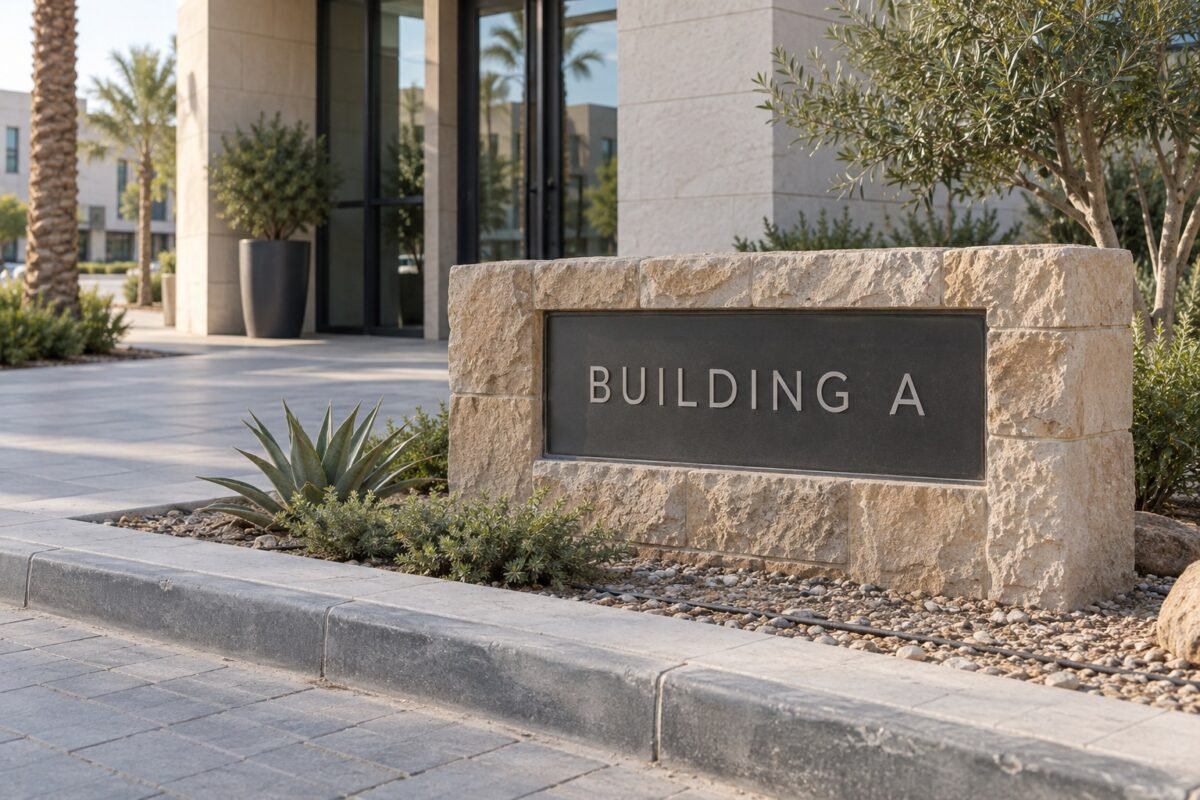 illustrative low sandstone monument sign identifying building a