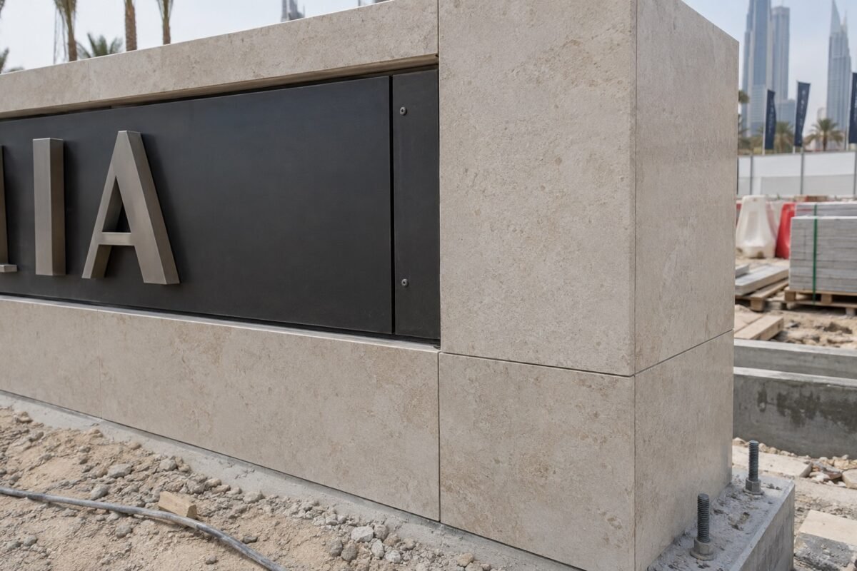 illustrative stone cladding and inset metal monument sign detail