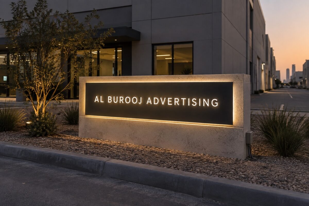 illustrative softly illuminated monument sign bearing al burooj advertising lettering