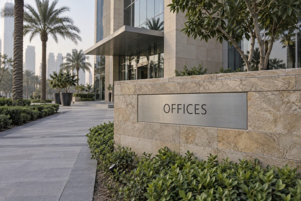 illustrative stone monument sign with an offices identification panel