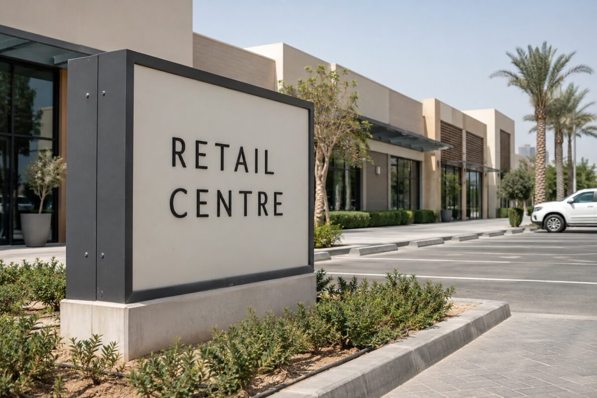 illustrative metal-faced monument sign at a retail entrance