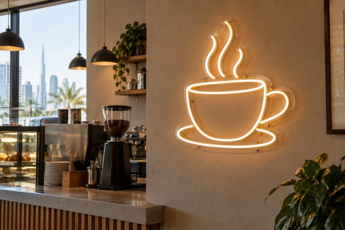 illustrative coffee cup outline made with led neon-style tubing on a cafe wall