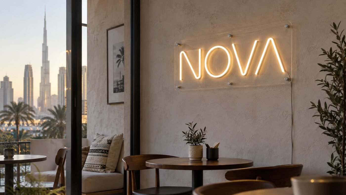 illustrative warm white led neon-style nova sign mounted on clear acrylic in a dubai interior