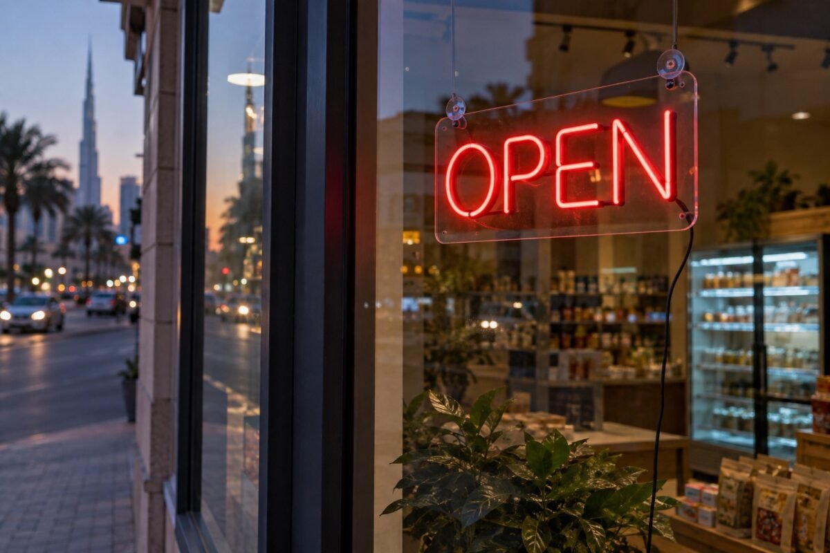 illustrative red open led neon-style sign hanging inside a shop window